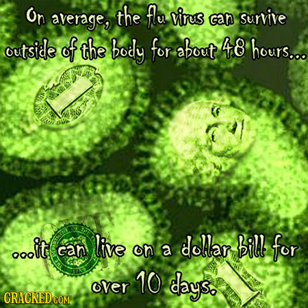 On average, the flu cirus can Survive cutside f the body for about 48 hours... dMe ooit live dollar bill for can on a 10 over days. 