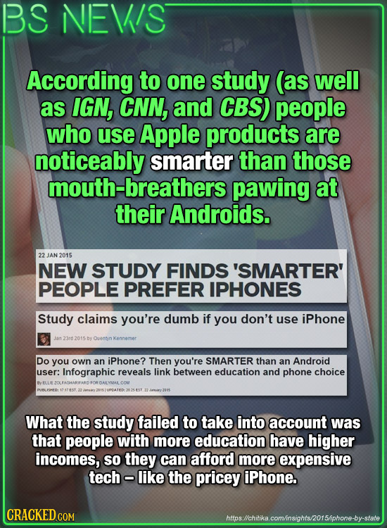 BS NEVIS According to one study (as well as IGN, CNN, and CBS) people who use Apple products are noticeably smarter than those mouth-breathers pawing