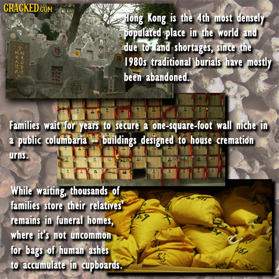 CRACKED C COM Hong Kong is the 4th most densely populated place in the world and due to and shortages, since the 1980s traditional burials have mostly