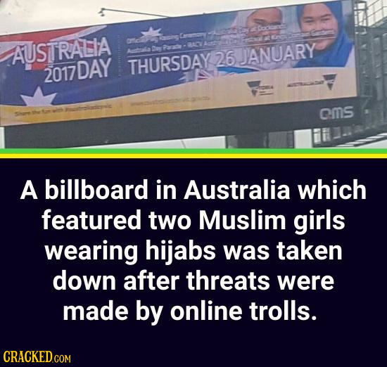 AUSTRALIA Co Paace  26 JANUARY 2017DAY THURSDAY oms A billboard in Australia which featured two Muslim girls wearing hijabs was taken down after threa