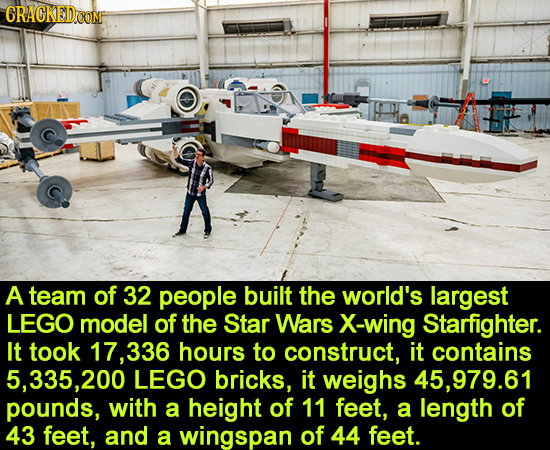 CRACKEDOON A team of 32 people built the world's largest LEGO model of the Star Wars X-wing Starfighter. It took 17, 336 hours to construct, it contai