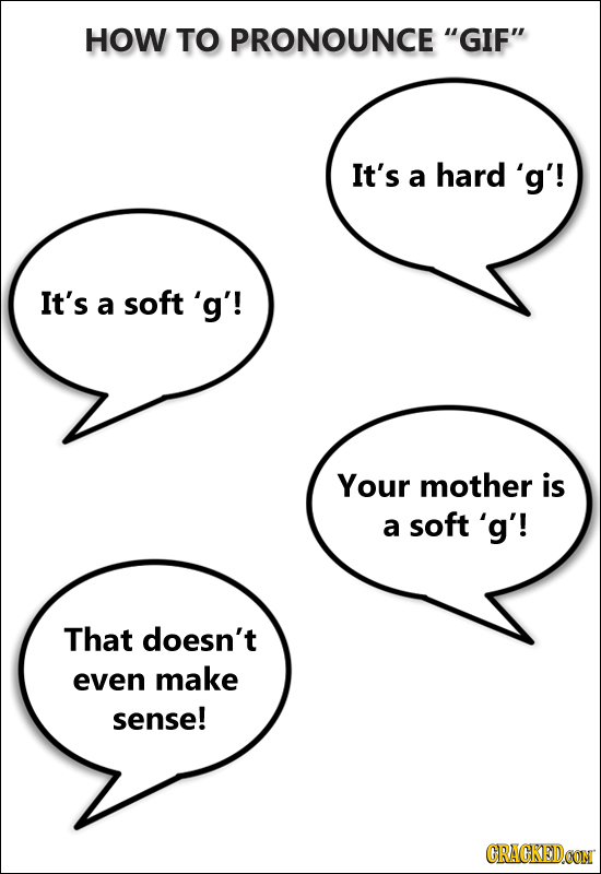 HOW TO PRONOUNCE GIF It's a hard 'g'! It's a soft'g'! Your mother is a soft 'g'! That doesn't even make sense! GRAGKEDCON 