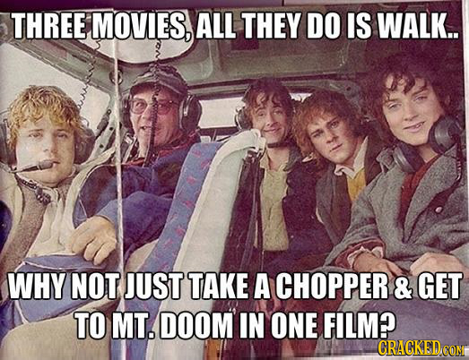 THREE MOVIES, ALL THEY DO IS WALK.. WHY NOT JUST TAKE A CHOPPER & GET TO MT. DOOM IN ONE FILM?