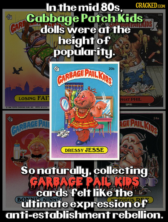 In the mid 80s, Cabbage Patch Kids RGLAIONIDS GARA dolls were at the height o-f popularity. PAILKIDS 20b GARBAGE LOSING FAI PHAT PHIL TOPS NL TENTSA 2