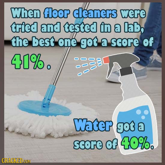When floor cleaners were tried and tested in a lab, the best one got a score of 41%. 000 0 Water got a score Of 40%. CRACKEDCON 