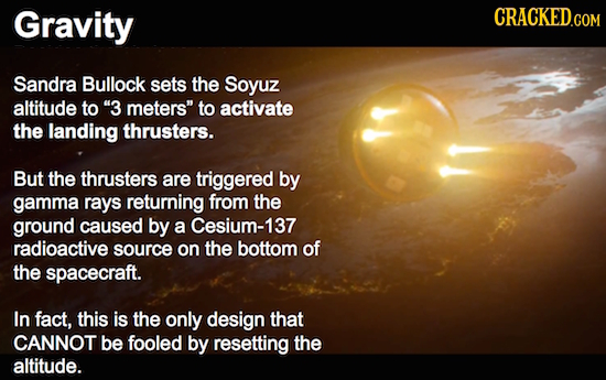 Gravity CRACKED.COM Sandra Bullock sets the Soyuz altitude to 3 meters. to activate the landing thrusters. But the thrusters are triggered by gamma 