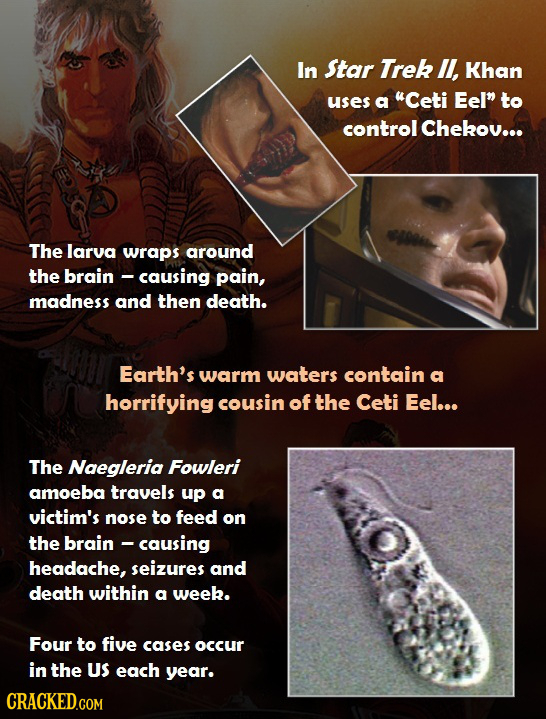 In star Trek I, Khan uses a Ceti Eem to control Chekov... The larva wraps around the brain -causing pain, madness and then death. Earth's warm waters