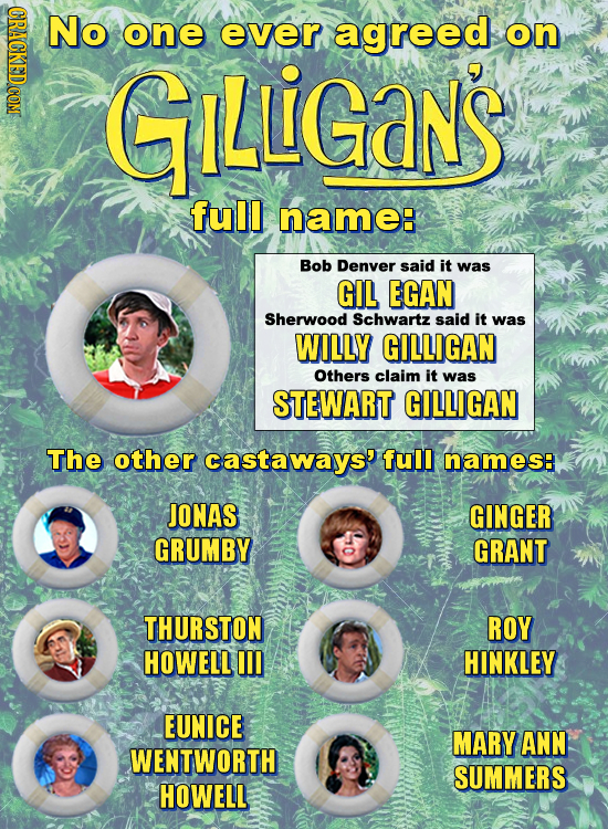 CRAGKEDCOM No one ever agreed on GILLGANS full name: Bob Denver said it was GIL EGAN Sherwood Schwartz said it was WILLY GILLIGAN Others claim it was
