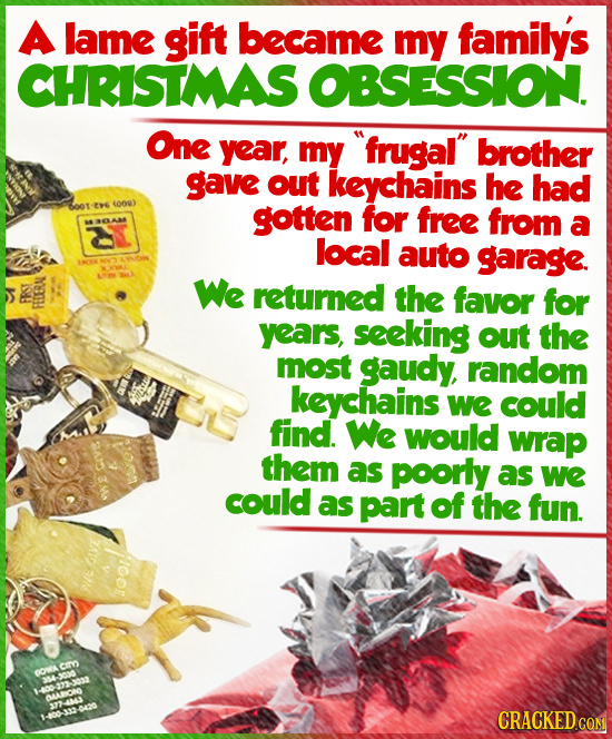 A lame gift became my familys CHRISTMAS OBSESSION. One year, my frugal brother gave out keychains he had -E (0003 gotten for free from a local auto
