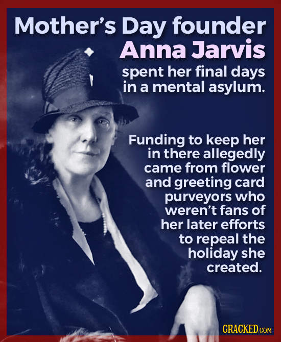Mother's Day founder Anna Jarvis spent her final days in a mental asylum. Funding to keep her in there allegedly came from flower and greeting card pu