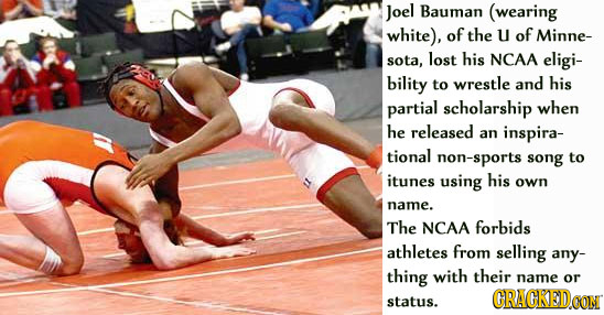 Joel Bauman (wearing white), of the U of Minne- sota, lost his NCAA eligi- bility to wrestle and his partial scholarship when he released an inspira-