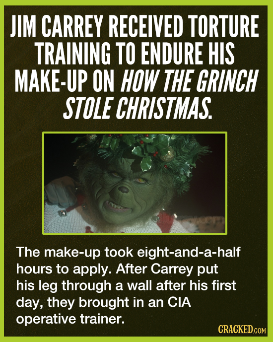 JIM CARREY RECEIVED TORTURE TRAINING TO ENDURE HIS MAKE-UP ON HOW THE GRINCH STOLE CHRISTMAS. The make-up took eight-and-a-half hours to apply. After