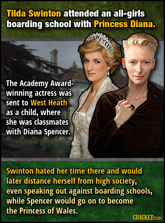 Tilda Swinton attended an all-girls boarding school with Princess Diana. The Academy Award- winning actress was sent to West Heath as a child, where s