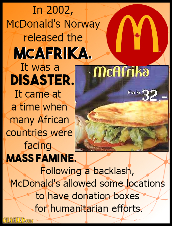 In 2002, McDonald's Norway M released the MCAFRIKA. It was a McAfrika DISASTER. It came at Fra kr. 32- a time when many African countries were facing