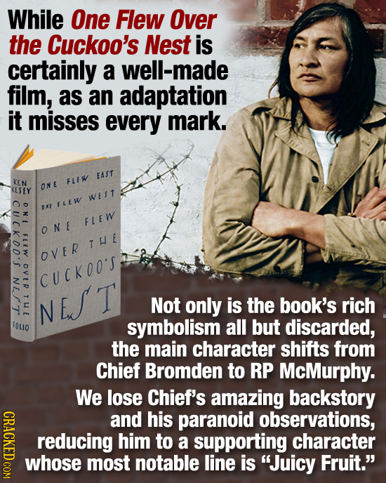 While One Flew Over the Cuckoo's Nest is certainly a well-made film, as an adaptation it misses every mark. EAST KEN FLIW KETEY ONE WEST FLEW OKE S FL