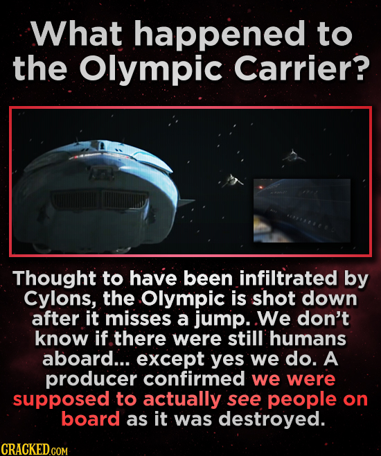 What happened to the Olympic Carrier? Thought to have been infiltrated by Cylons, the Olympic is shot down after it misses a jump. We don't know if th