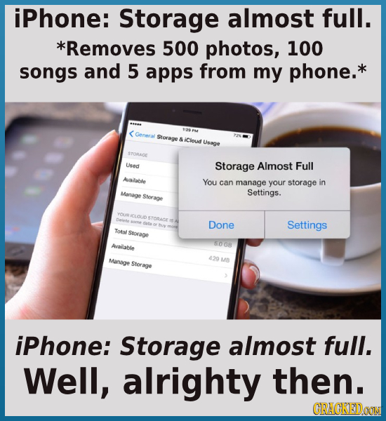 iPhone: Storage almost full. *Removes 500 photos, 100 songs and 5 apps from my phone.* General Storage & iCloud Usage STORACE Used Storage Almost Full