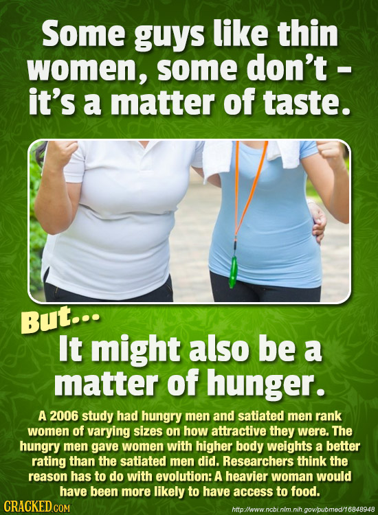 Some guys like thin women, some don't . it's a matter of taste. But... It might also be a matter of hunger. A 2006 study had hungry men and satiated m