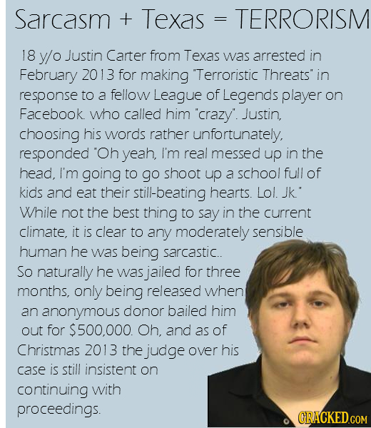Sarcasm + Texas TERRORISM 18 y/o Justin Carter from Texas was arrested in February 2013 for making Terroristic Threats in response to a fellow Leagu