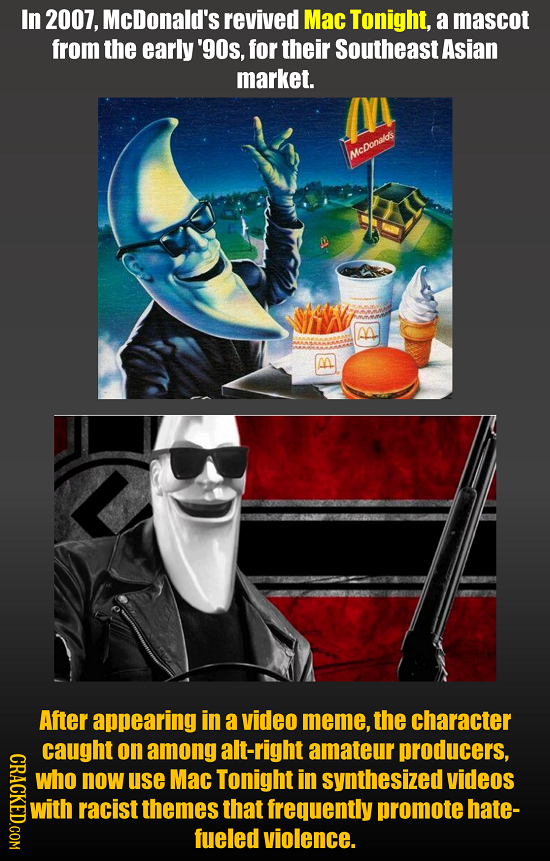 In 2007, McDonald's revived Mac Tonight, a mascot from the early '90s, for their Southeast Asian market. MCDonakS B After appearing in a video meme, t