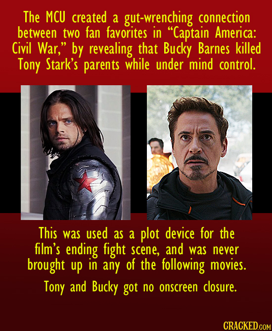 The MCU created a gut-wrenching connection between two fan favorites in Captain America: Civil War, by revealing that Bucky Barnes killed Tony Stark