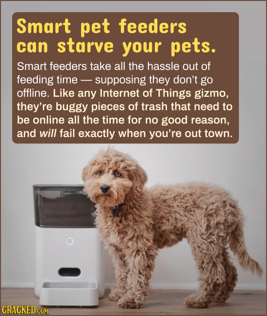 Smart pet feeders can starve your pets. Smart feeders take all the hassle out of feeding time - supposing they don't go offline. Like any Internet of 