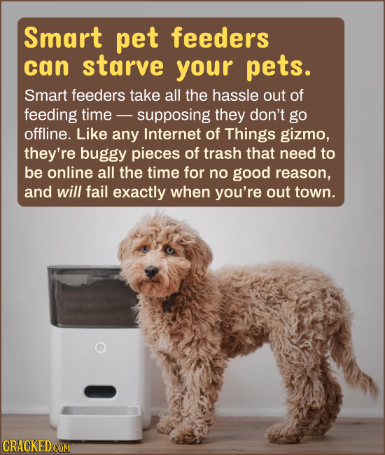 Smart pet feeders can starve your pets. Smart feeders take all the hassle out of feeding time - supposing they don't go offline. Like any Internet of