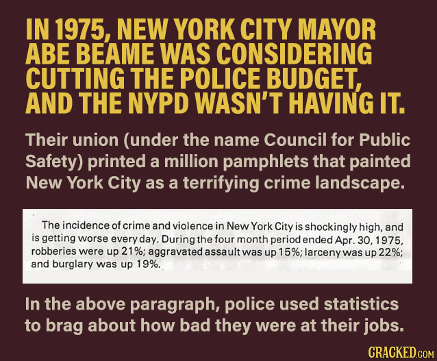 IN 1975, NEW YORK CITY MAYOR ABE BEAME WAS CONSIDERING CUTTING THE POLICE BUDGET, AND THE NYPD WASN'T HAVING IT. Their union (under the name Council f