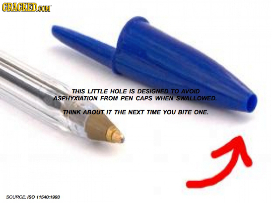 ORACRED CON THIS LITTLE HOLE IS DESIGNED TO AVOID ASPHYXIATION FROM PEN CAPS WHEN SWALLOWED. THINK ABOUT IT THE NEXT TIME YOU BITE ONE. SOURCE: ISO 11