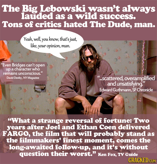 The Big Lebowski wasn't always lauded as a wild success. Tons of critics hated The Dude, man. Yeah, well, you know, that's just, like, your opinion, m