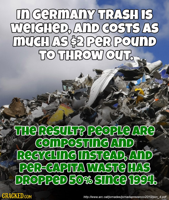 In GeRmAny TRASH IS WEIGHEDo AND COSTS AS MUcH AS $2 per pound TO THROW OUT. THE RESULT? PEOPLE ARE COMPOStinG AND REGYCLING INSTEAD AND peR CAPITA WA