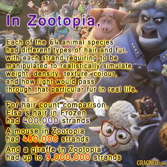 In Zootopia, Each of the 64 animal species had different types of hair and fur. with each strand requiring to be manipulated to realistically simulate