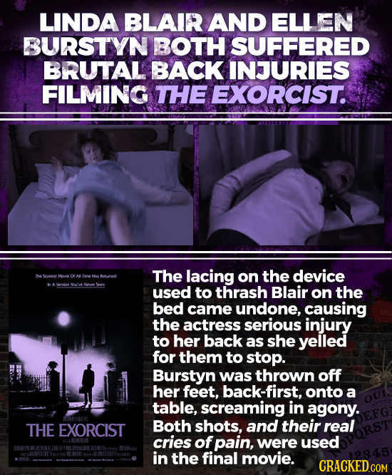 LINDA BLAIR AND ELLEN BURSTYN BOTH SUFFERED BRUTAL BACK INJURIES FILMING THE EXORCIST. The lacing the device Grin Mwie OY AL fee HA Tetut on WA 6 Nloe