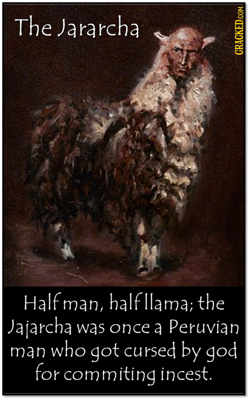 The Jararcha Half man man, halfllama; the Jajarcha was once a Peruvian who man got cursed by god for commiting incest