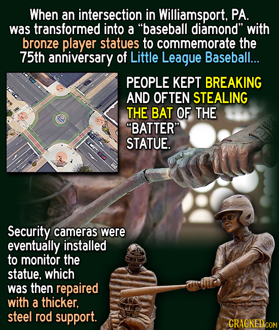 When an intersection in Williamsport, PA. was transformed into a baseball diamond with bronze player statues to commemorate the 75th anniversary of