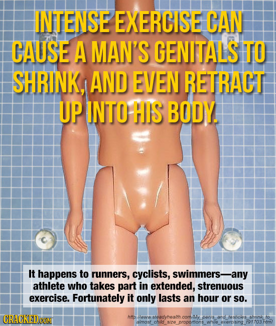 INTENSE EXERCISE CAN CAUSE A MAN'S GENITALS TO SHRINK, AND EVEN RETRACT UP INTO HIS BODY. It happens to runners, cyclists, swimmers- any athlete who t