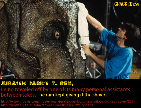 CRACKED.COM JURASSIC PARK'S T. REX, being toweled off by one of its many personalassistants between takes. The rain kept giving it the shivers. htpllw