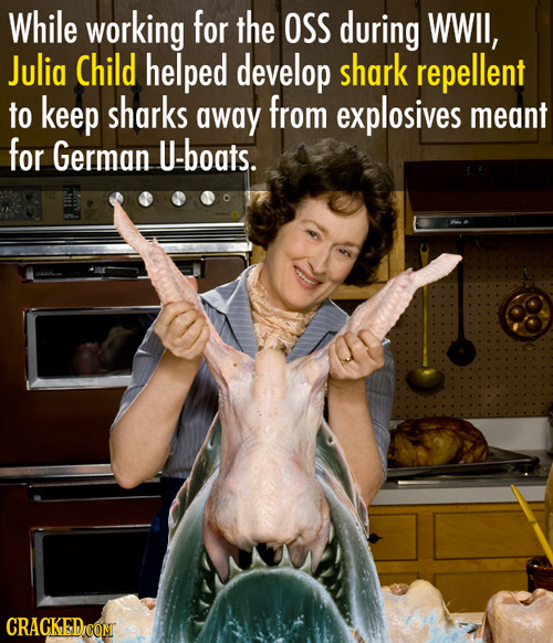 While working for the OSS during WWIl, Julia Child helped develop shark repellent to keep sharks away from explosives meant for German U-boats. CRaCKE
