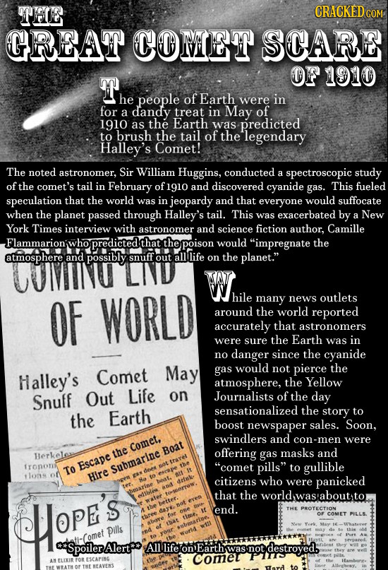 THE CRACKEDCON GREAT COMET SCARE OF 1910 T he people of Earth were in for a dandy treat in May of 1910 as the Earth was predicted to brush the tail of