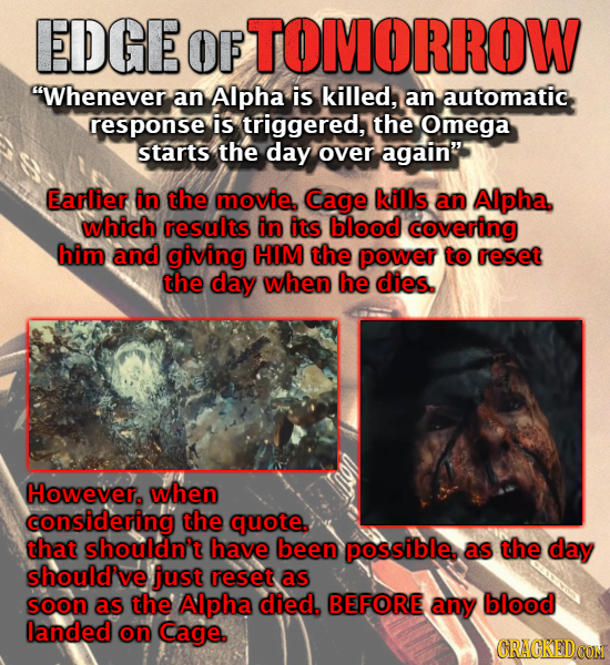 EDGE OF OMORROW Whenever an Alpha is killed, an automatic response is triggered, the Omega starts the day over again Earlier in the movie. Cage kill