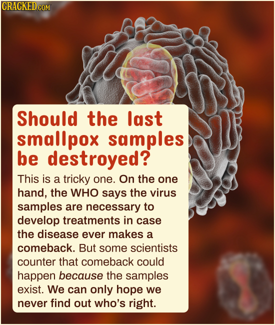 CRACKED CO COM Should the last smallpox samples be destroyed? This is a tricky one. On the one hand, the WHO says the virus samples are necessary to d