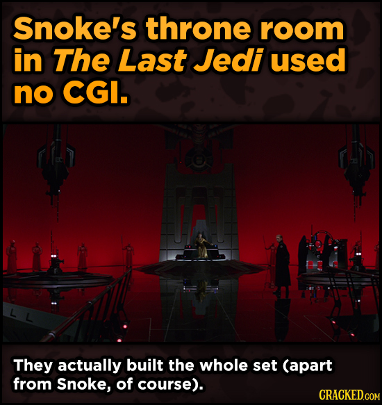 Surprising Ways Beloved Movies Accomplished Their Effects - Snoke's throne room in The Last Jedi used no CGI.