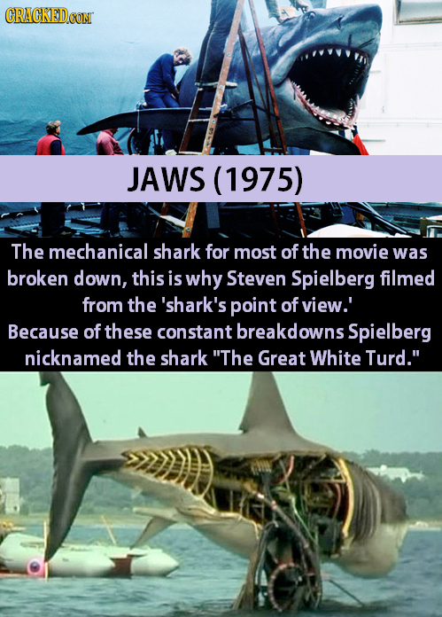 CRACKEDCON JAWS (1975) The mechanical shark for most of the movie was broken down, this is why Steven Spielberg filmed from the 'shark's point of view