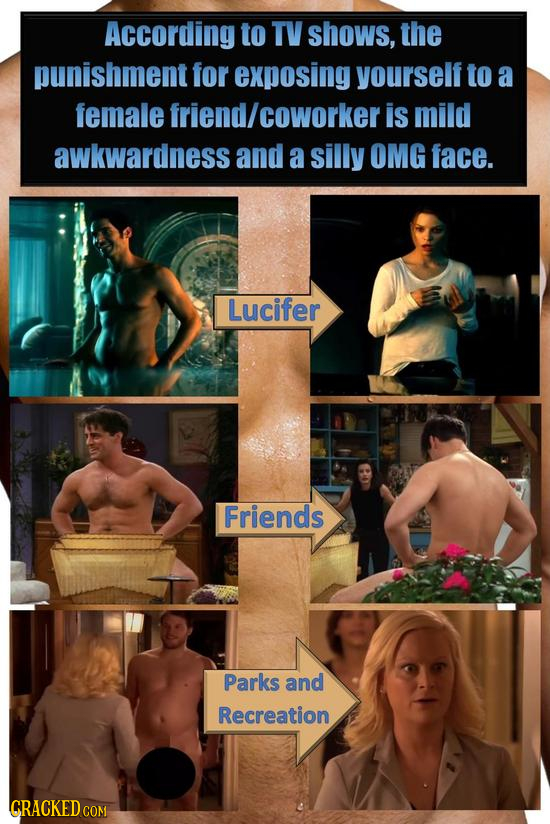 According to TV shows, the punishment for exposing yourself to a female friend/ coworker is mild awkwardness and a silly OMG face. Lucifer Friends Par