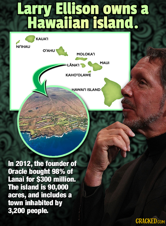 Larry Ellison owns a Hawaiian island. KAUA'I NI'IHAU O'AHU MOLOKA'L MAUI LANA'I KAHO'OLAWE HAWAI'I ISLAND In 2012, the founder of Oracle bought 98% of