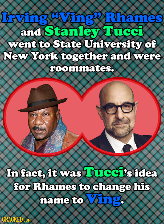 Irving Ving Rhames and Stanley Tucci went to State University of New York together and were roommates. In fact, it Tucci's was idea for Rhames to ch