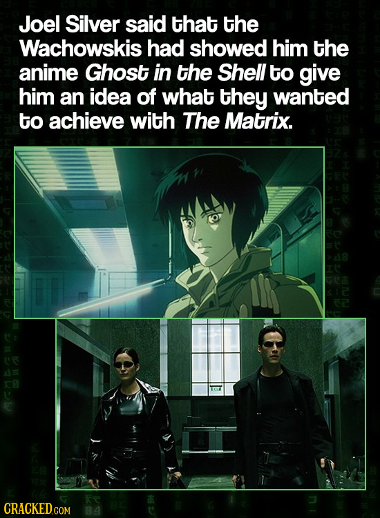 Joel Silver said tHat the Wachowskis had showed him the anime Ghost in the Shell to give him an idea of what they wanted to achieve with The Matrix. s