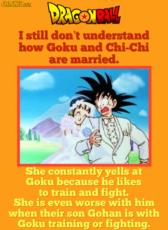 CRACKEDCON DRACOXIRAL I still don't understand how Goku and Chi-Chi are married. She constantly yells at Goku because he likes to train and fight. She
