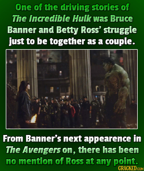 One of the driving stories of The Incredible Hulk was Bruce Banner and Betty Ross' struggle just to be together as a couple. From Banner's next appear