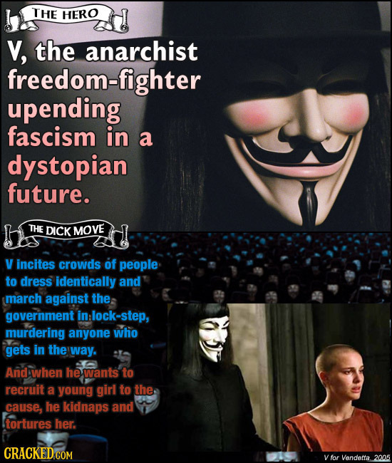 THE HERO v, the anarchist freedom-fighter upending fascism in a dystopian future. THE DICK MOVE V incites crowds of people to dress identically and ma